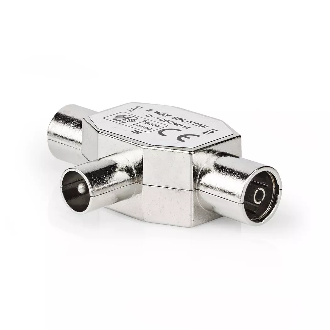 Nedis - Satelliten- & Antennenadapter | IEC (Koax) Stecker | 2x Koax Buchse | vernickelt | 75 Ohm | T-Splitter | Metall | Silber | 1 St. | Box, One Size