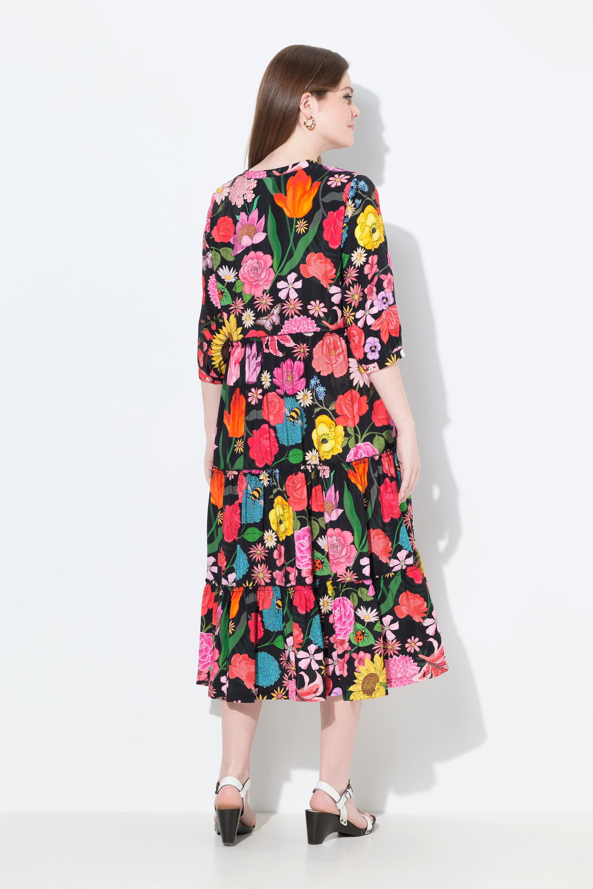 Ulla Popken Maxikleid Blüten Stehkragen 3/4-Arm Volants  