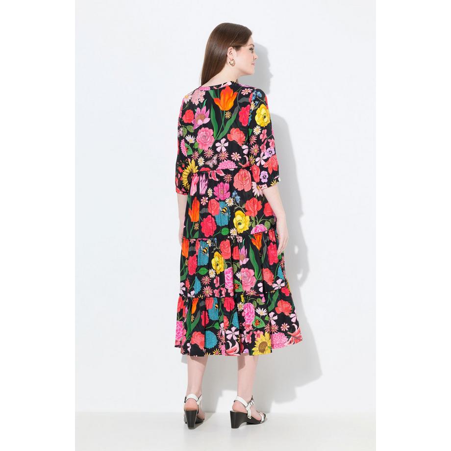 Ulla Popken Maxi Abito Fantasia Floreale Collo Alto Maniche 3/4 Volant  