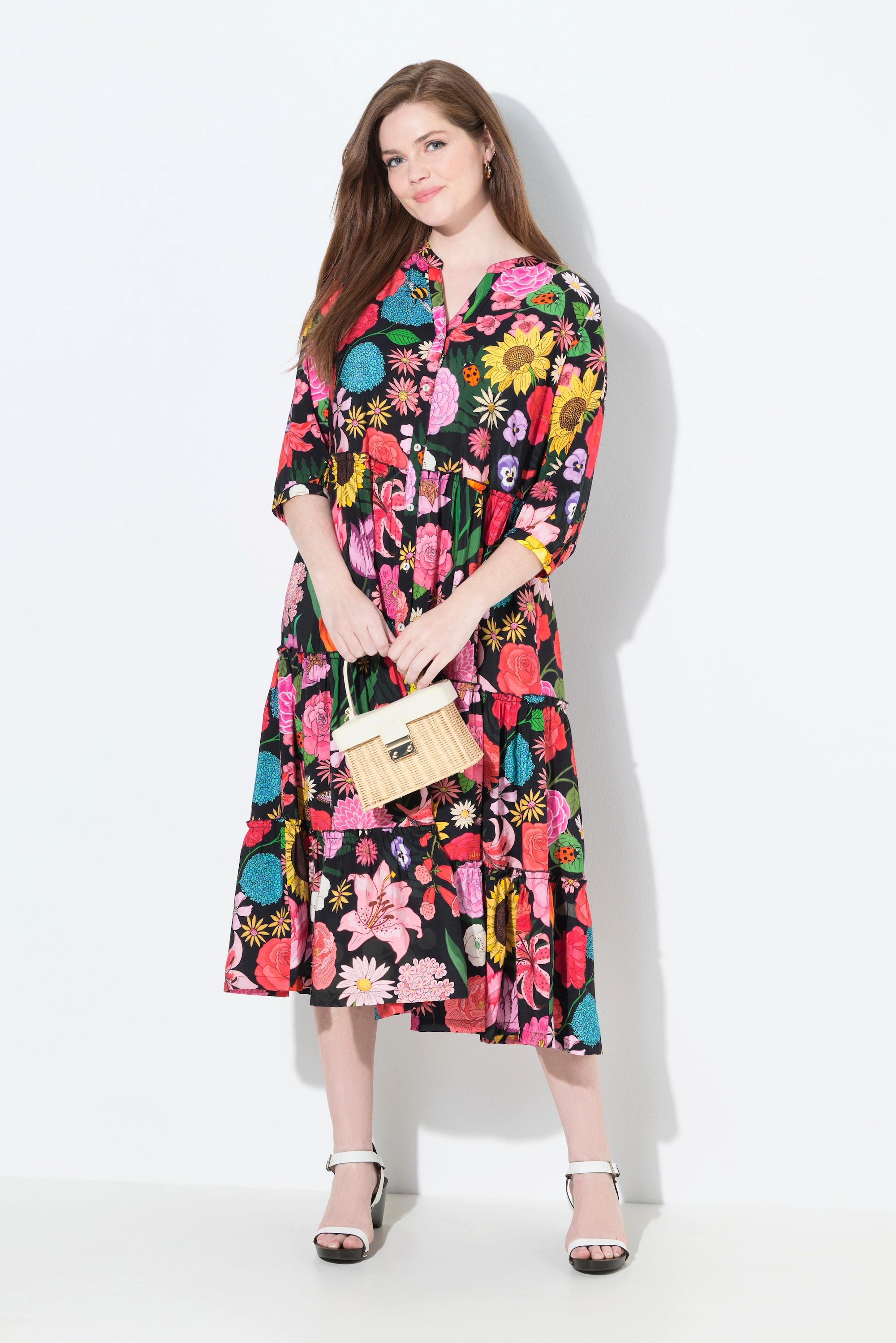 Ulla Popken Maxikleid Blüten Stehkragen 3/4-Arm Volants  