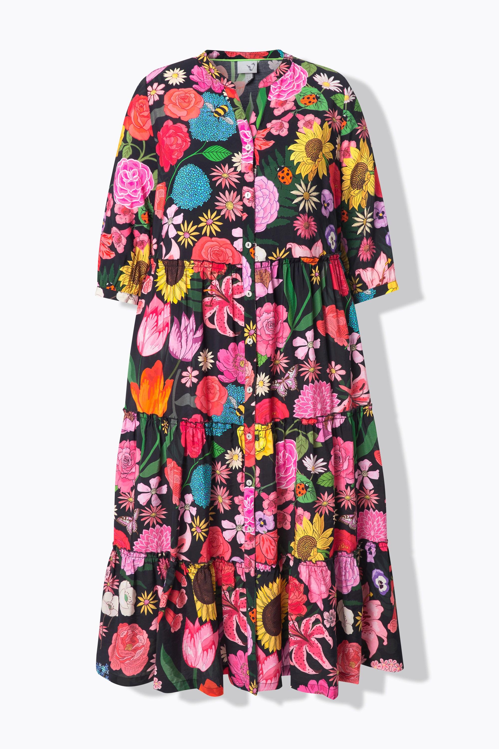 Ulla Popken Maxikleid Blüten Stehkragen 3/4-Arm Volants  