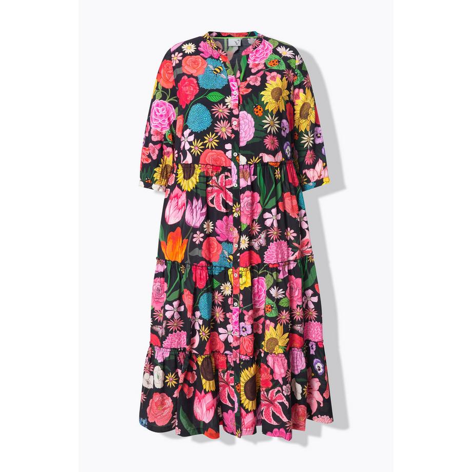 Ulla Popken Maxi Abito Fantasia Floreale Collo Alto Maniche 3/4 Volant  