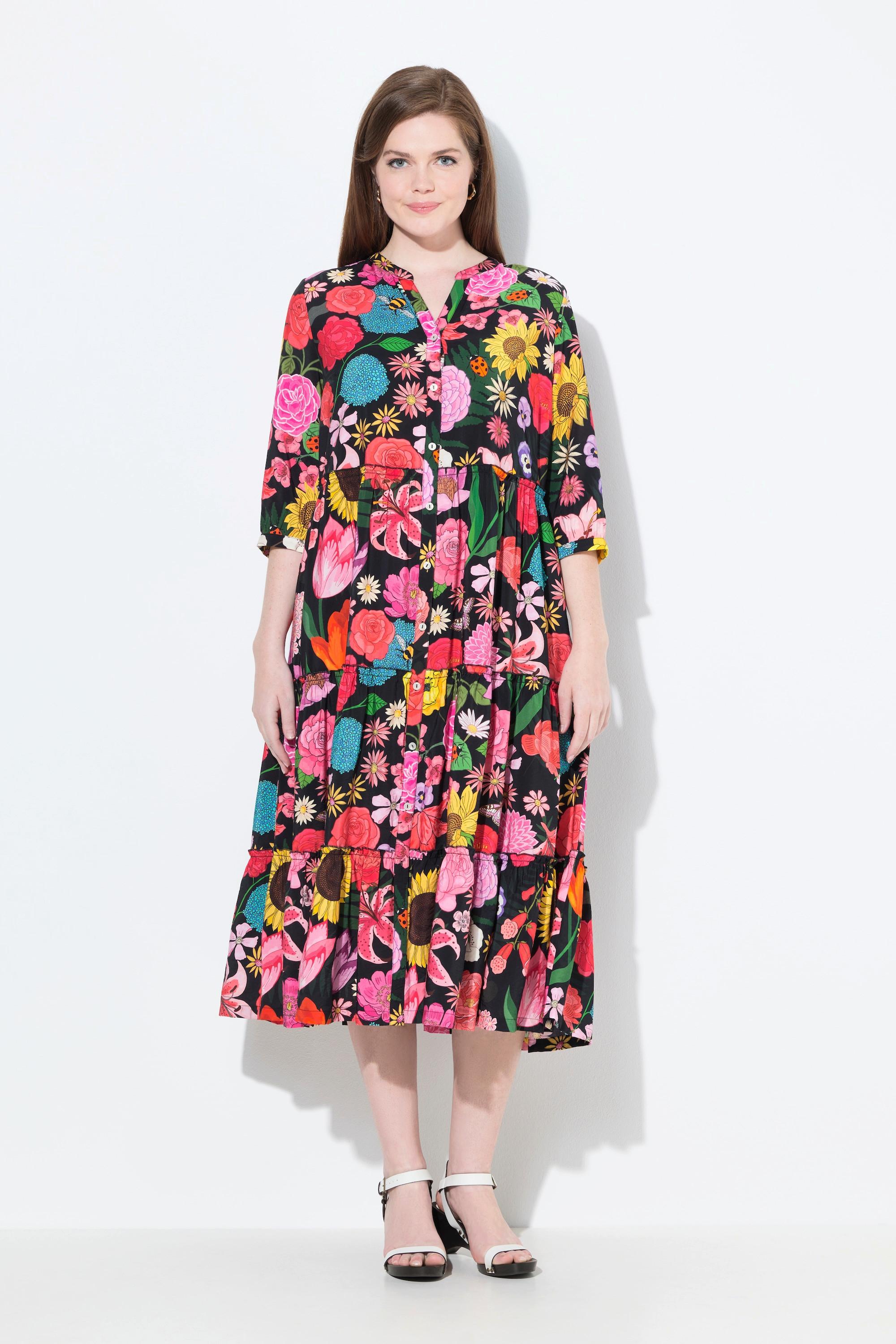 Ulla Popken Maxikleid Blüten Stehkragen 3/4-Arm Volants  