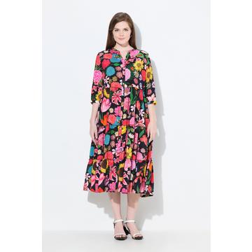 Maxi abito con fiori, collo alto, maniche a 3/4 e volant