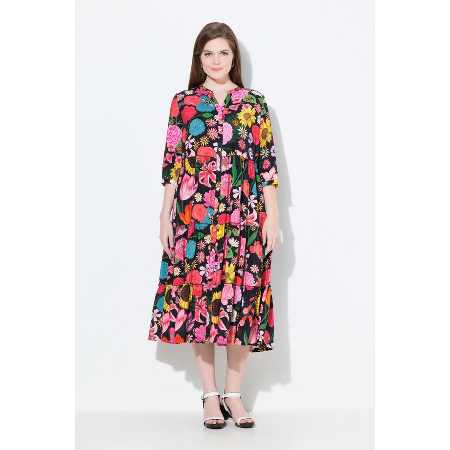 Ulla Popken Maxi Abito Fantasia Floreale Collo Alto Maniche 3/4 Volant  