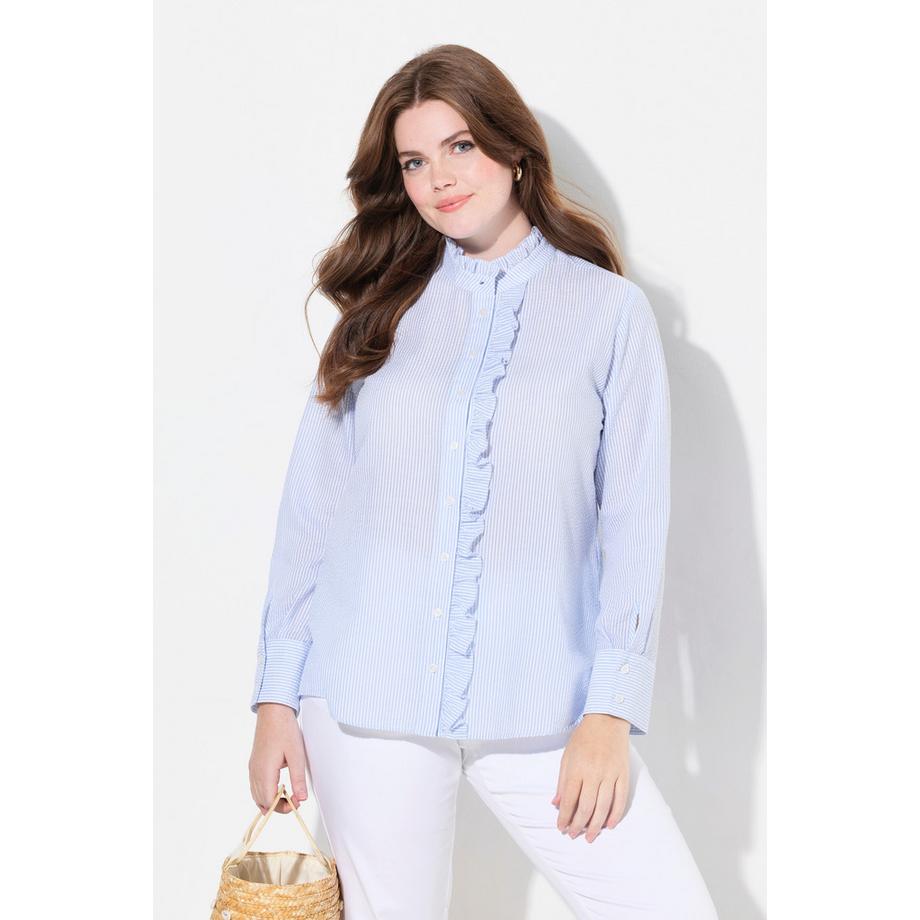 Ulla Popken Bubble-Bluse Stehkragen Rüschen-Knopfleiste Langarm  