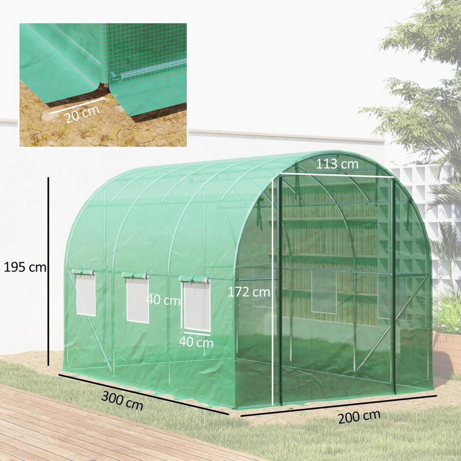 Northio Serra ca. Serra con pellicola 3 x 2 x 2 m con 6 finestre, porta avvolgibile, pareti laterali avvolgibili, tunnel con pellicola resistente ai raggi UV, serra per pomodori resistente all'inverno con ancoraggio a terra, verde Aosom  