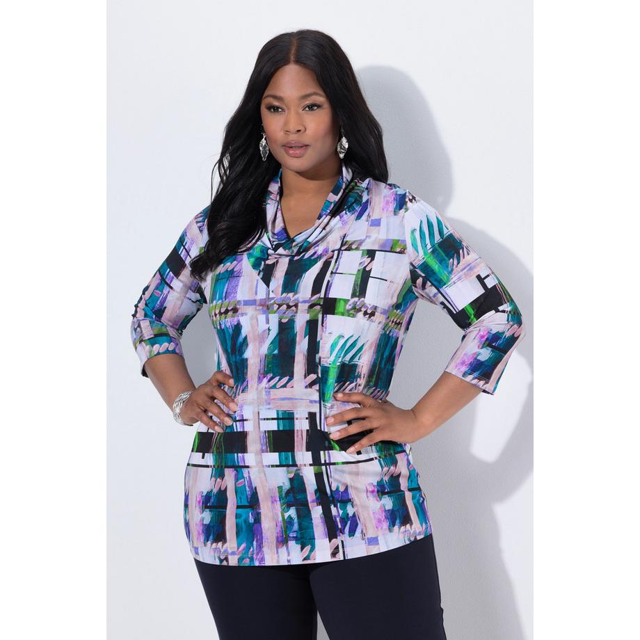 Ulla Popken Maglia tessuto fluente quadri scollo a goccia maniche 3/4  