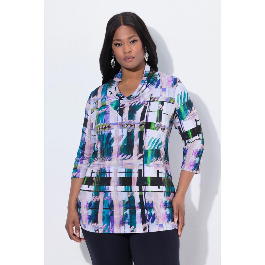 Ulla Popken Maglia tessuto fluente quadri scollo a goccia maniche 3/4  