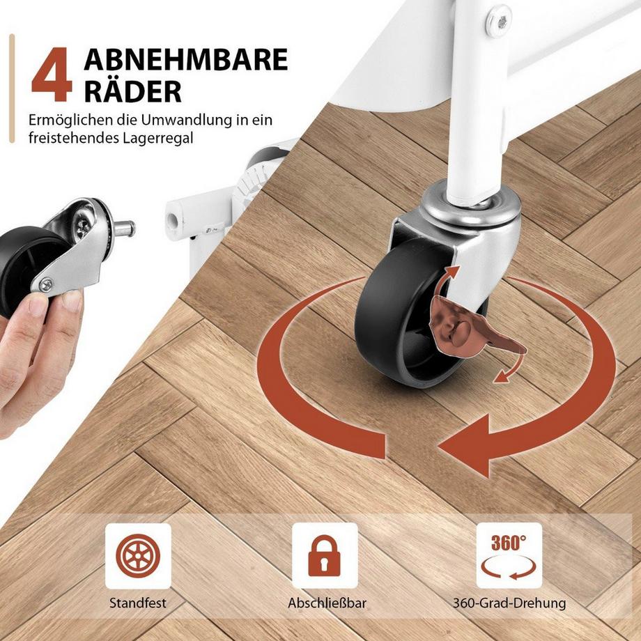 B2X 3-stöckiger Rollwagen Metallwagen mit 2 Steckplatten & 2 Körben & 4 Haken Weiß  