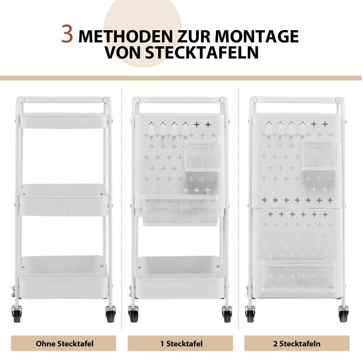 B2X 3-stöckiger Rollwagen Metallwagen mit 2 Steckplatten & 2 Körben & 4 Haken Weiß  