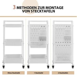 B2X 3-stöckiger Rollwagen Metallwagen mit 2 Steckplatten & 2 Körben & 4 Haken Weiß  