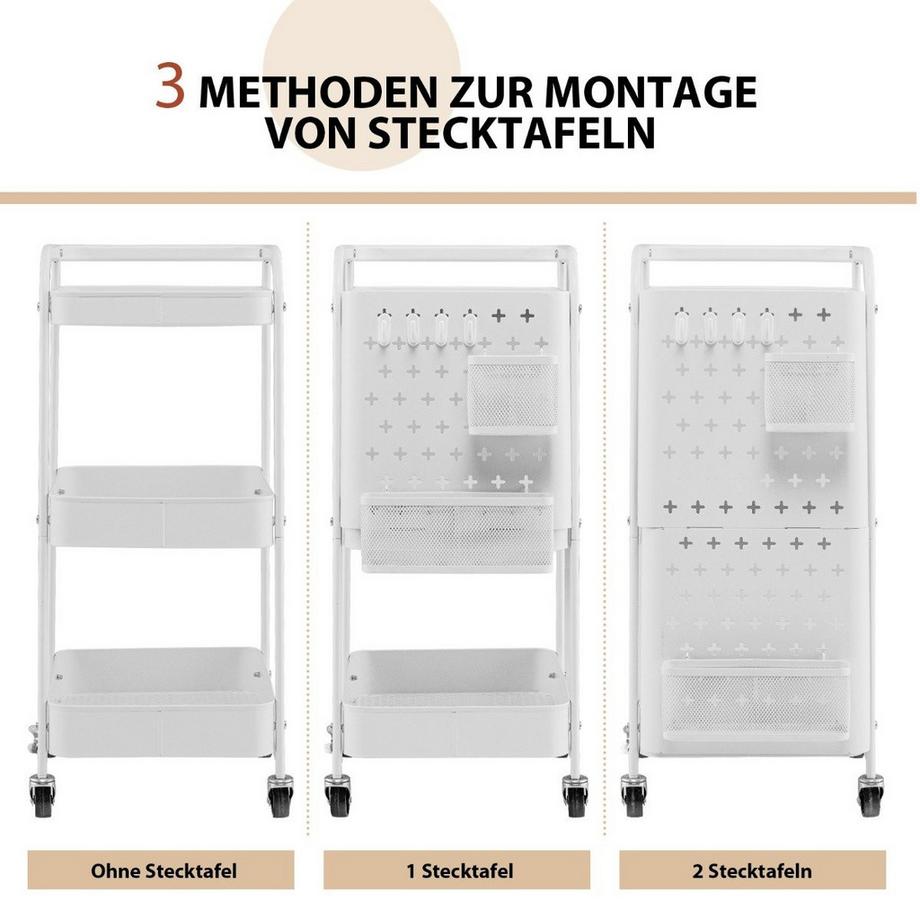B2X 3-stöckiger Rollwagen Metallwagen mit 2 Steckplatten & 2 Körben & 4 Haken Weiß  
