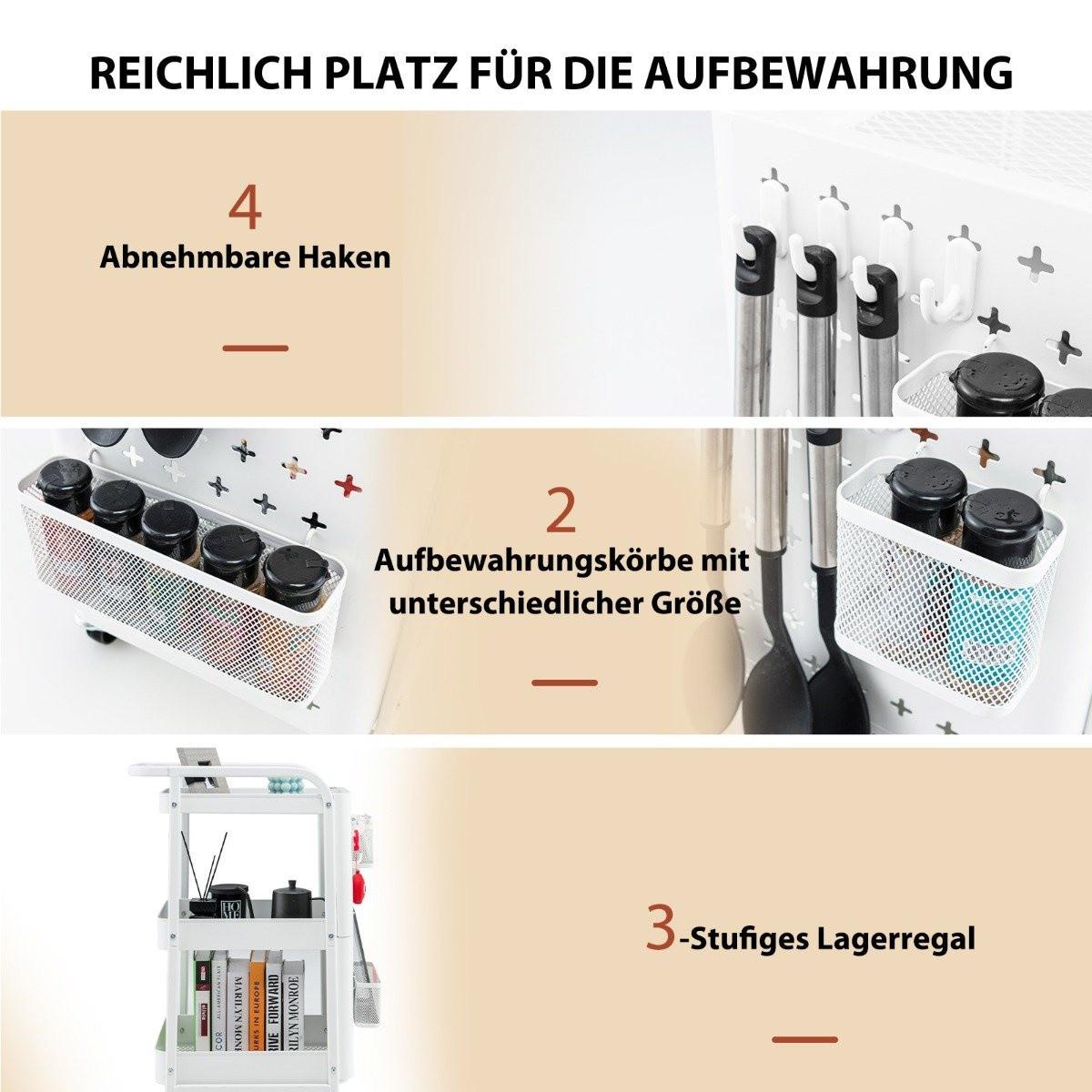 B2X 3-stöckiger Rollwagen Metallwagen mit 2 Steckplatten & 2 Körben & 4 Haken Weiß  