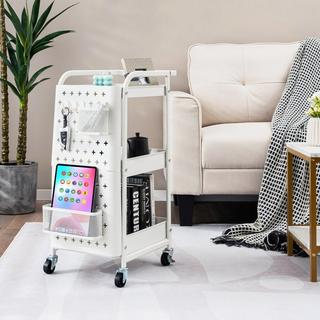 B2X 3-stöckiger Rollwagen Metallwagen mit 2 Steckplatten & 2 Körben & 4 Haken Weiß  