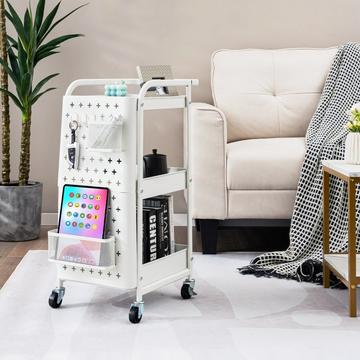 3-stöckiger Rollwagen Metallwagen mit 2 Steckplatten & 2 Körben & 4 Haken Weiß