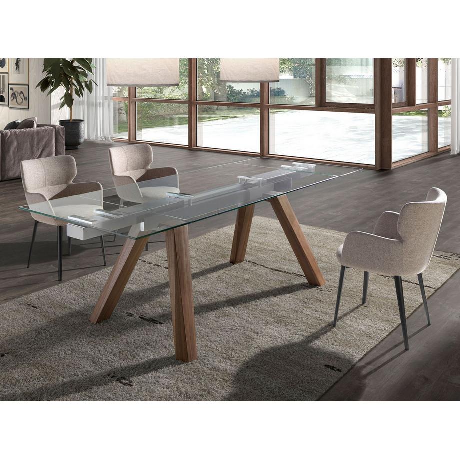 ANGEL CERDA Tavolo da pranzo allungabile rettangolare vetro temperato e noce  