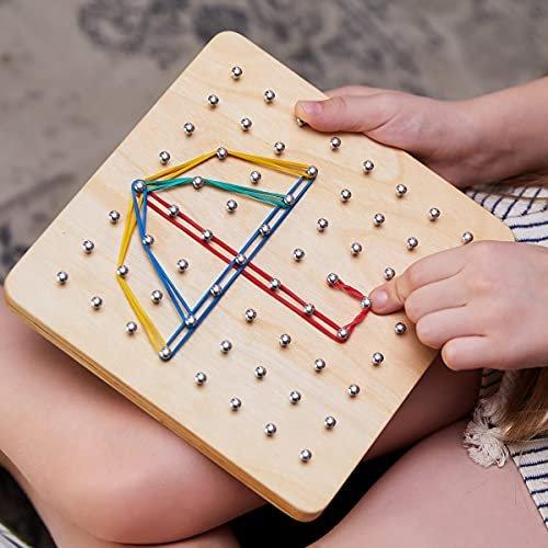 Activity-board  Géoboard en bois - Jouet, jouet éducatif de géométrie Géoboard école primaire, 30 cartes de motifs, 40 élastiques pour créer des figures et des formes 