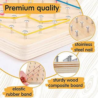 Activity-board  Géoboard en bois - Jouet, jouet éducatif de géométrie Géoboard école primaire, 30 cartes de motifs, 40 élastiques pour créer des figures et des formes 