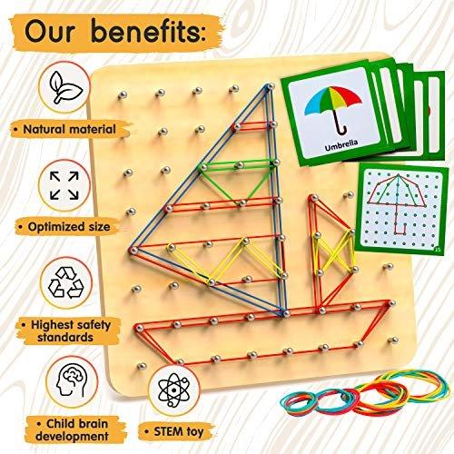 Activity-board  Géoboard en bois - Jouet, jouet éducatif de géométrie Géoboard école primaire, 30 cartes de motifs, 40 élastiques pour créer des figures et des formes 