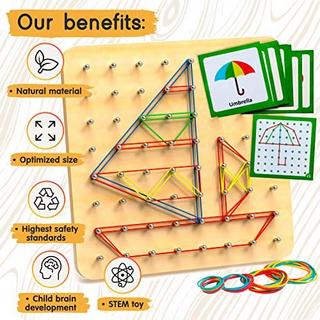 Activity-board  Géoboard en bois - Jouet, jouet éducatif de géométrie Géoboard école primaire, 30 cartes de motifs, 40 élastiques pour créer des figures et des formes 