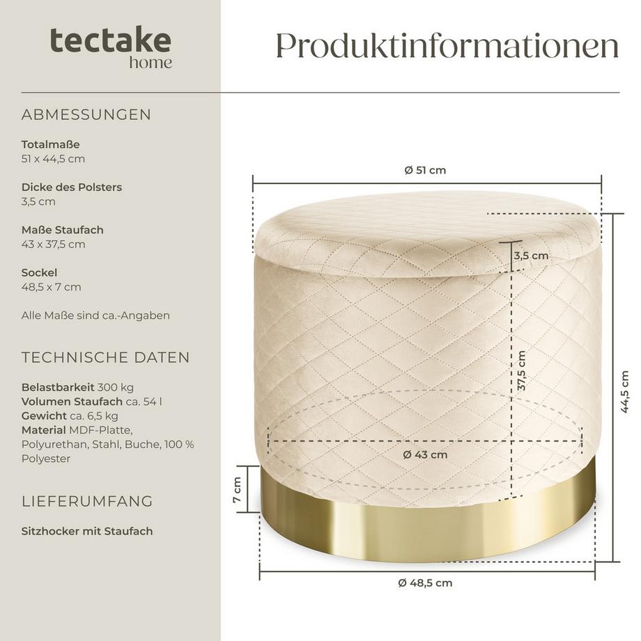 Tectake Sitzhocker mit Stauraum Coco rund 51 x 44,5 cm  