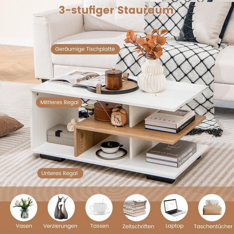 Northix Couchtisch mit Stauraum & L-förmiger Mittelablage Rechteckiger Wohnzimmertisch  