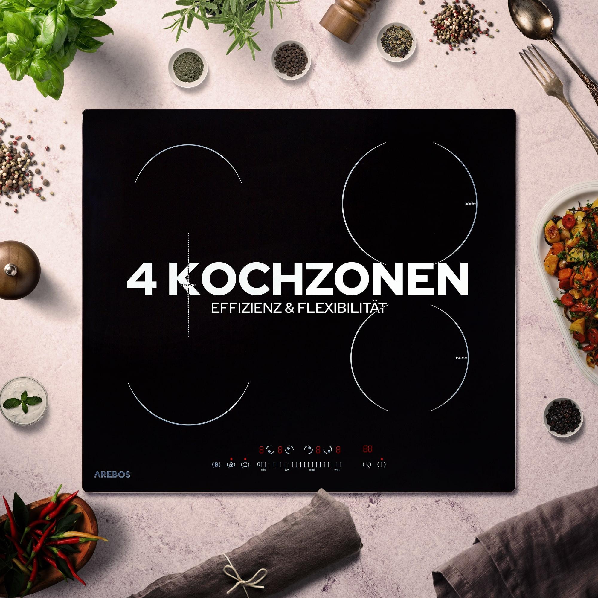 Arebos Induktionskochfeld Glaskeramik Kochfeld Kochplatten Autark 7200 W 4 Zonen  