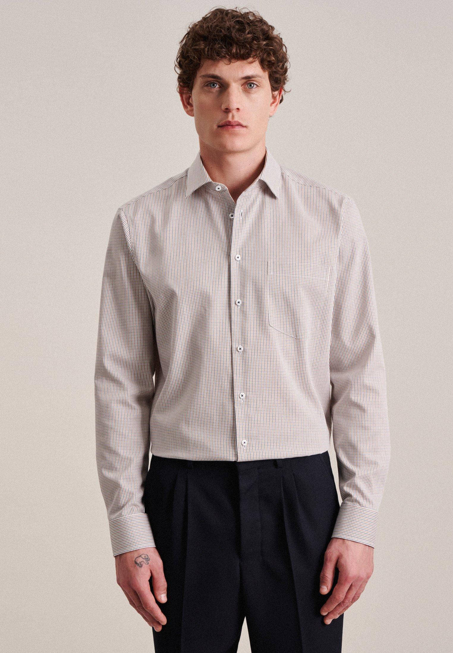 Image of Business Hemd Regular Fit Langarm Karo Herren Braun 41