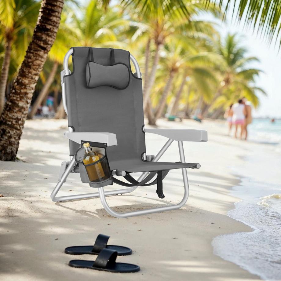 Tectake Chaise de plage,aluminium,fonction pliable,dossier 5 positions,sac,coussin velcro,63x62x78 cm  