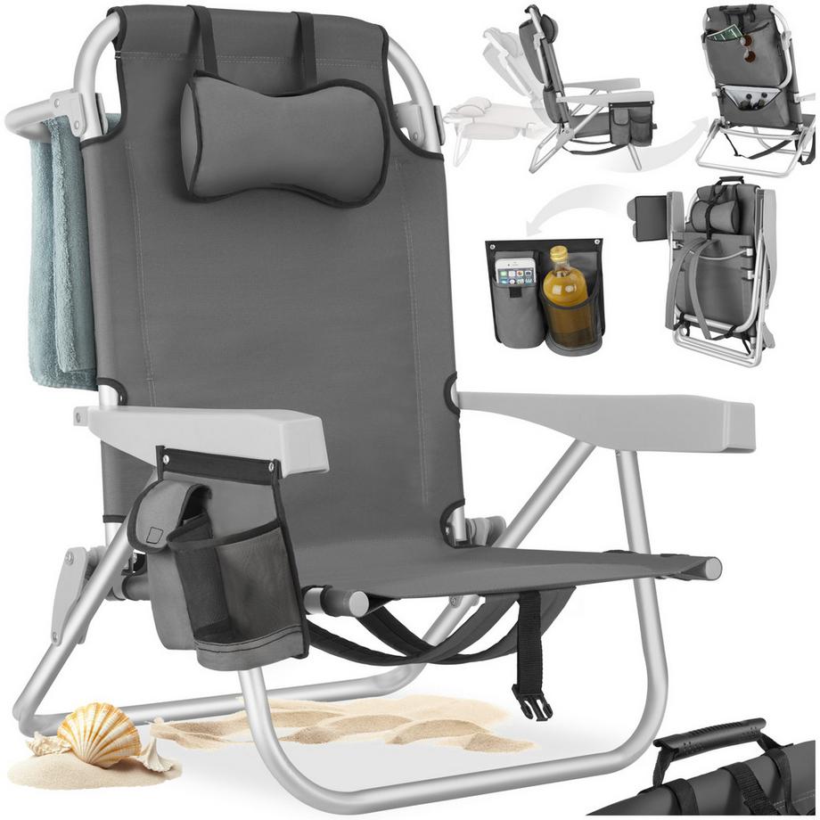 Chaise de plage,aluminium,fonction pliable,dossier 5 positions,sac,coussin velcro,63x62x78 cm