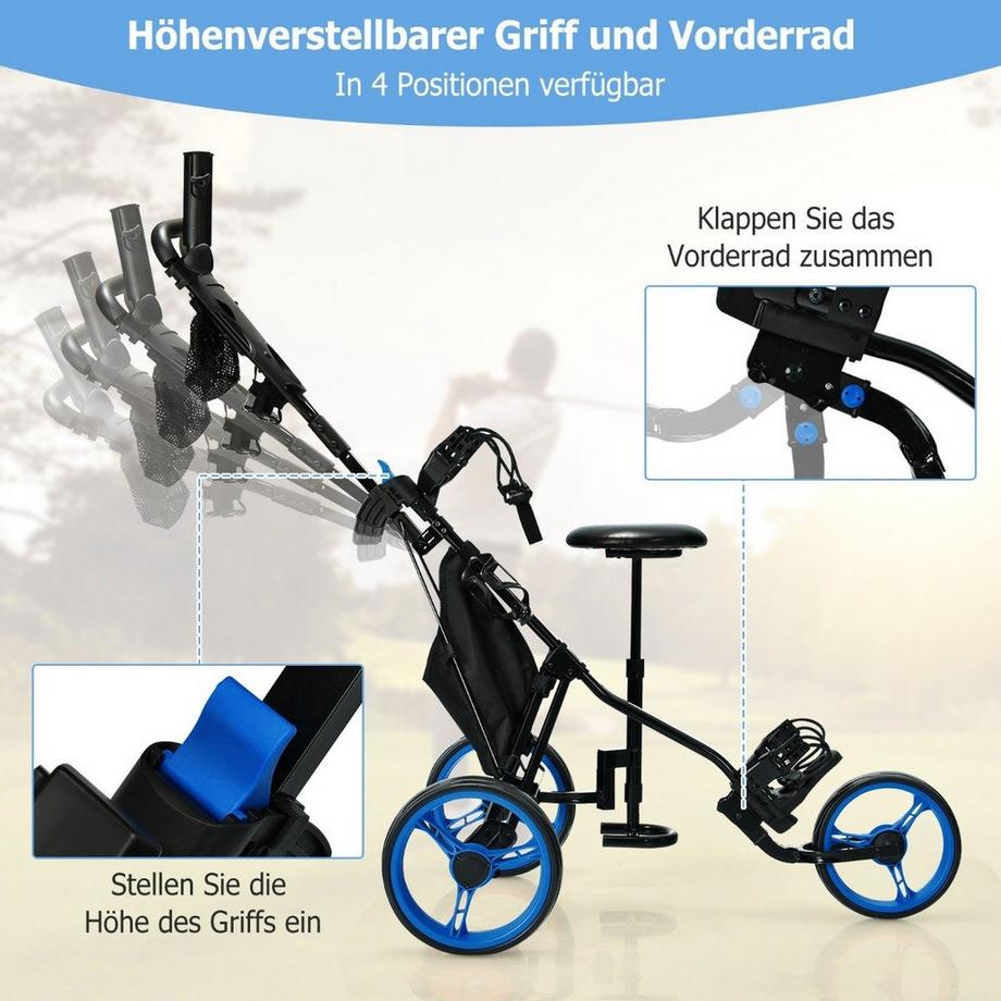Northio  Carrello da golf a 3 ruote in alluminio con portaombrello e sedile pieghevole carrello da golf golf caddy blu 