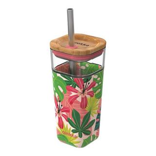 Quokka Cube Glas Pink Jungle 540 ml - Trinkbehälter mit Strohhalm  