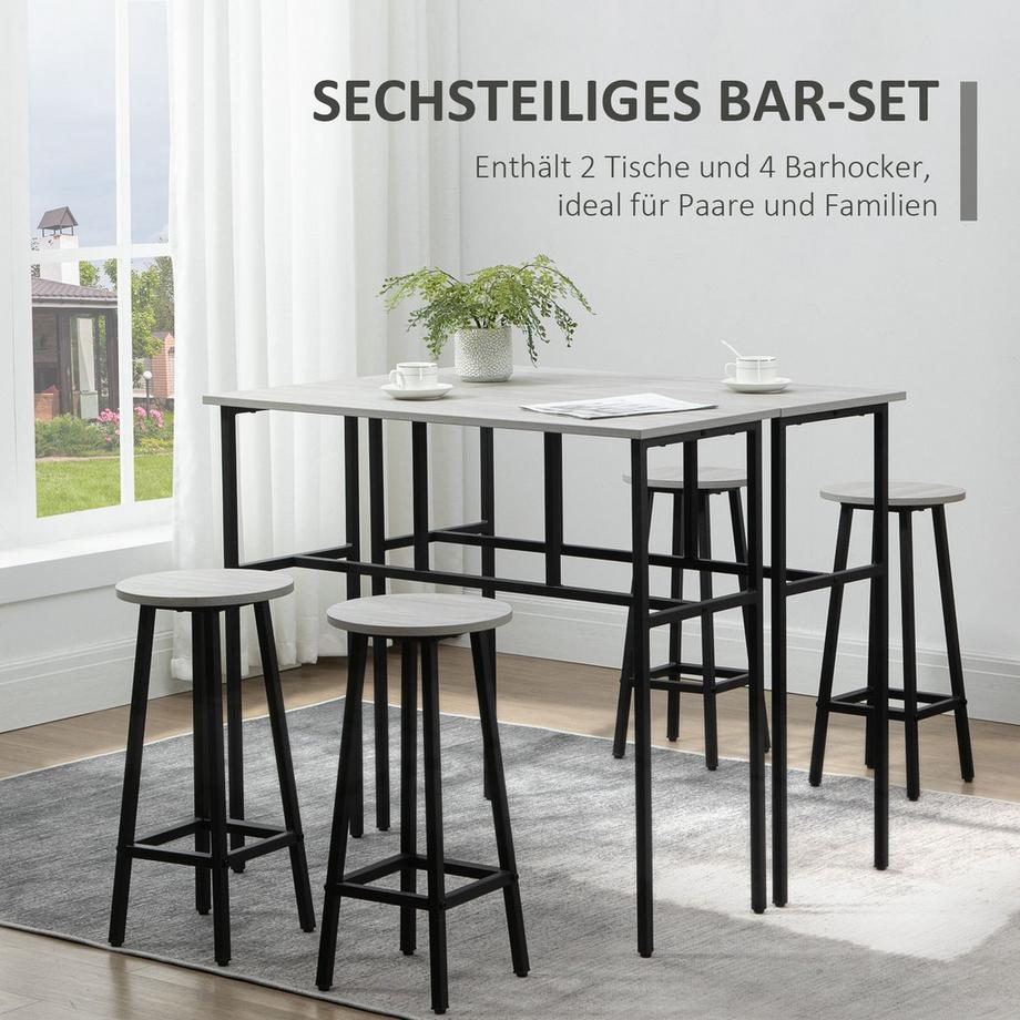 Northio Gruppo Da Pranzo Gruppo Di Sedute Da 6 Pezzi Con 2 Tavoli Da Bar E 4 Sedie, Design Industriale, Set Di Sgabelli Da Bar, Truciolare/Acciaio, Grigio+Nero  