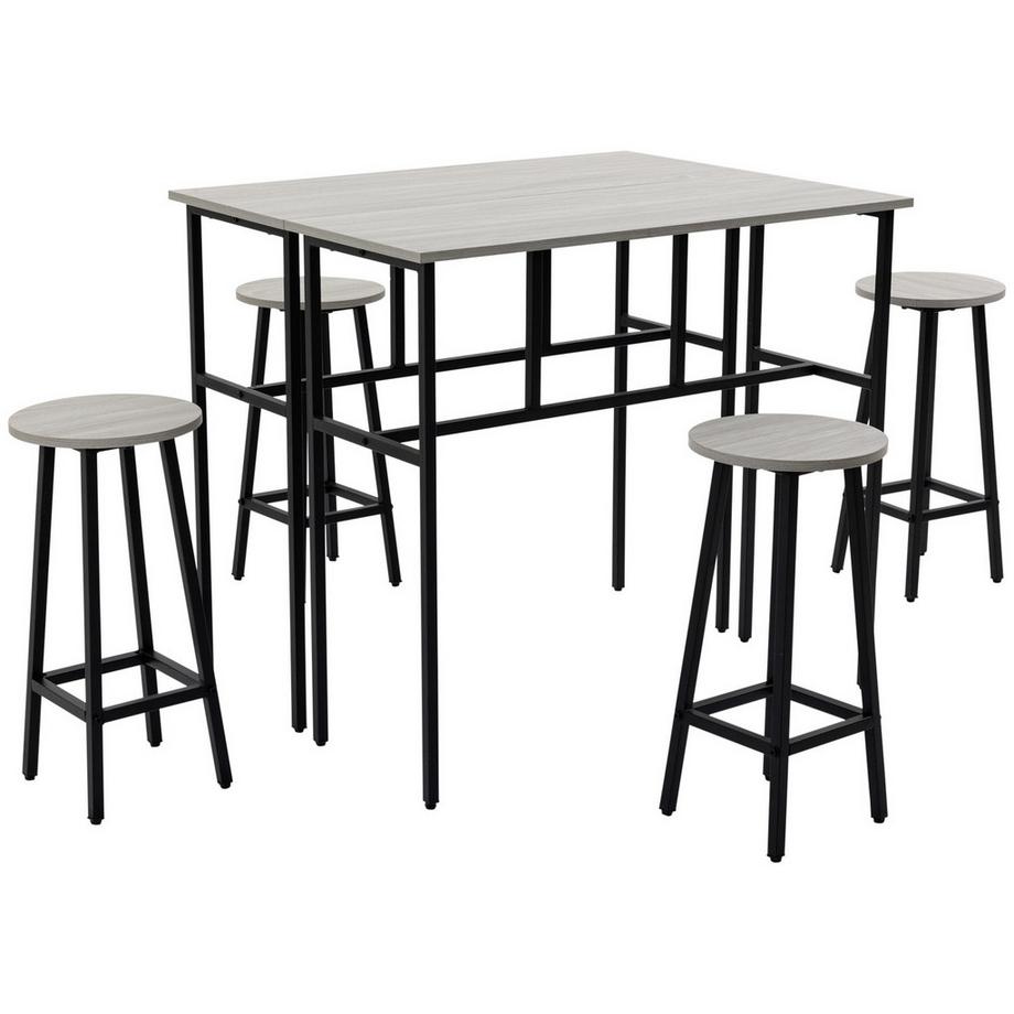 Ensemble De Salle À Manger Ensemble De Sièges 6 Pièces Avec 2 Tables De Bar Et 4 Chaises, Design Industriel, Ensemble De Tabourets De Bar, Aggloméré/Acier, Gris+Noir