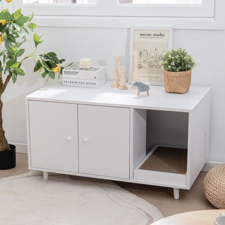 Tavolino laterale 2 in 1 e mobiletto per gatti con tiragraffi e lettiera per gatti, 90 x 50 x 50 cm, tavolino da caffè bianco