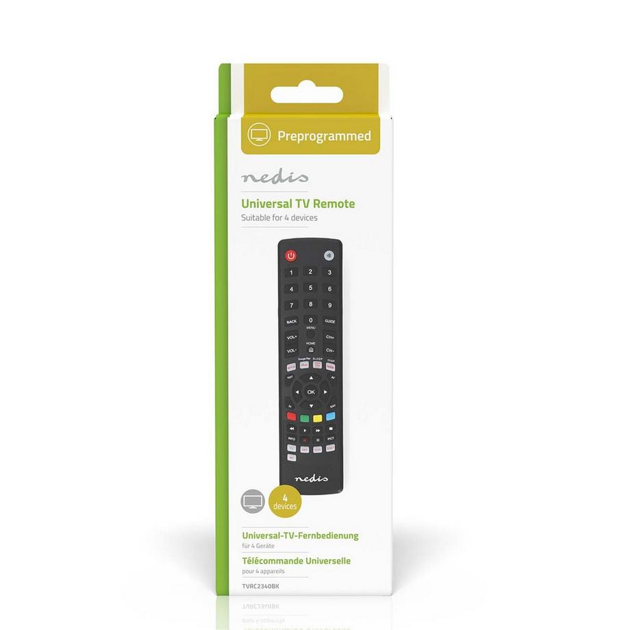 Nedis  Telecomando universale | Preprogrammato | 4 Dispositivi | Amazon Prime / Disney + Button / Pulsante Google Play / Pulsante Netflix / Pulsante Youtube | Infrarossi | Nero 