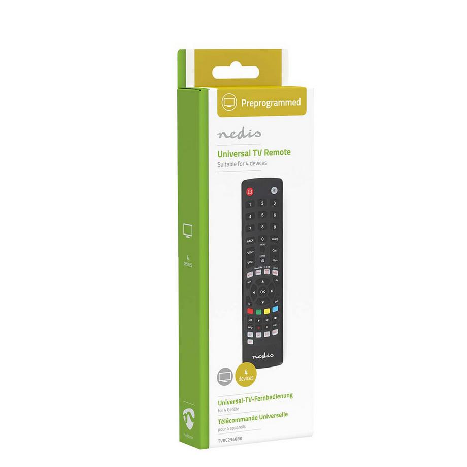 Nedis  Télécommande universelle | Préprogrammée | 4 Appareils | Amazon Prime / Bouton Google Play / Bouton Netflix / Bouton Youtube / Disney + Button | Infrarouge | Noir 