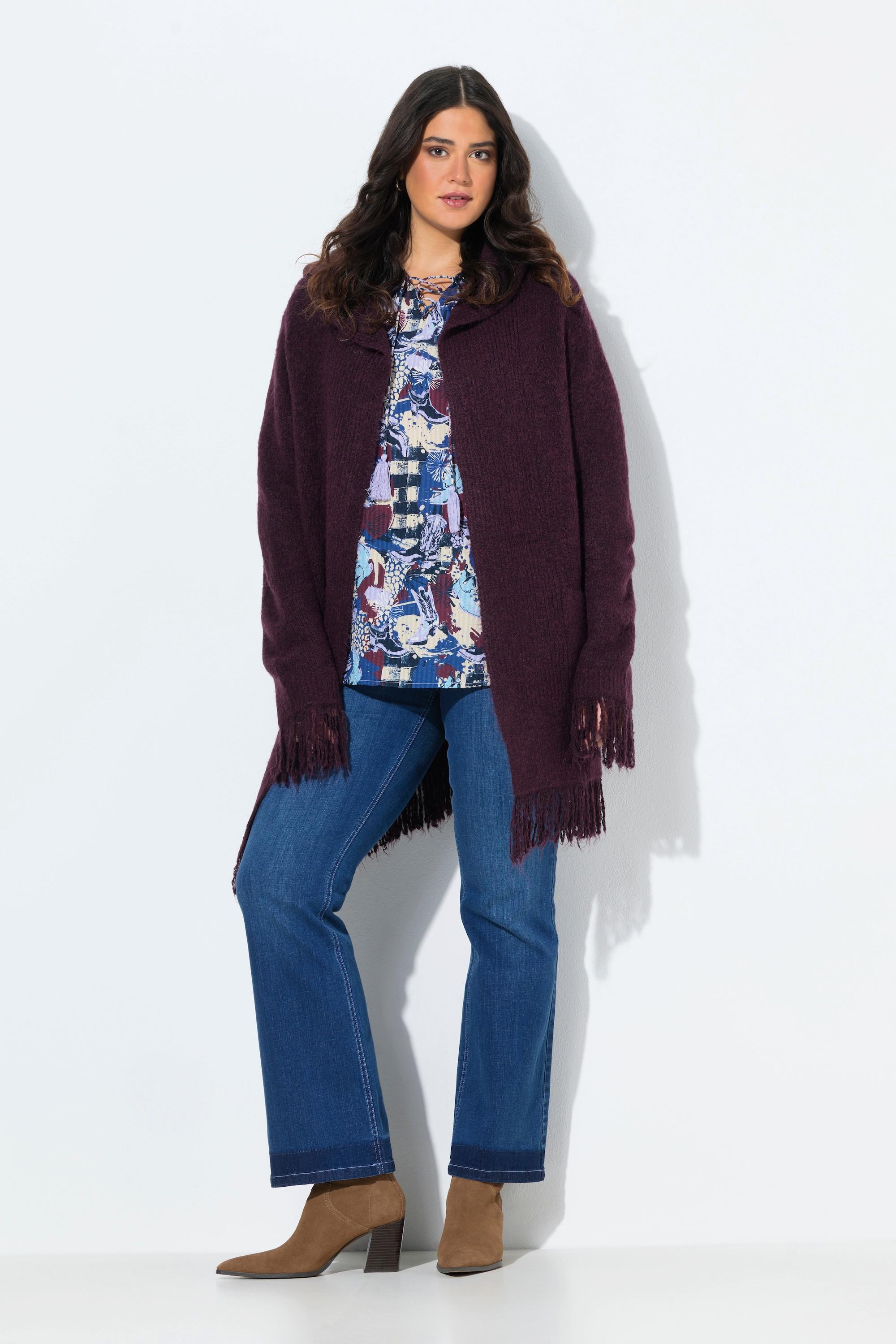 Ulla Popken Cardigan Longues Manches à Capuche et Franges  