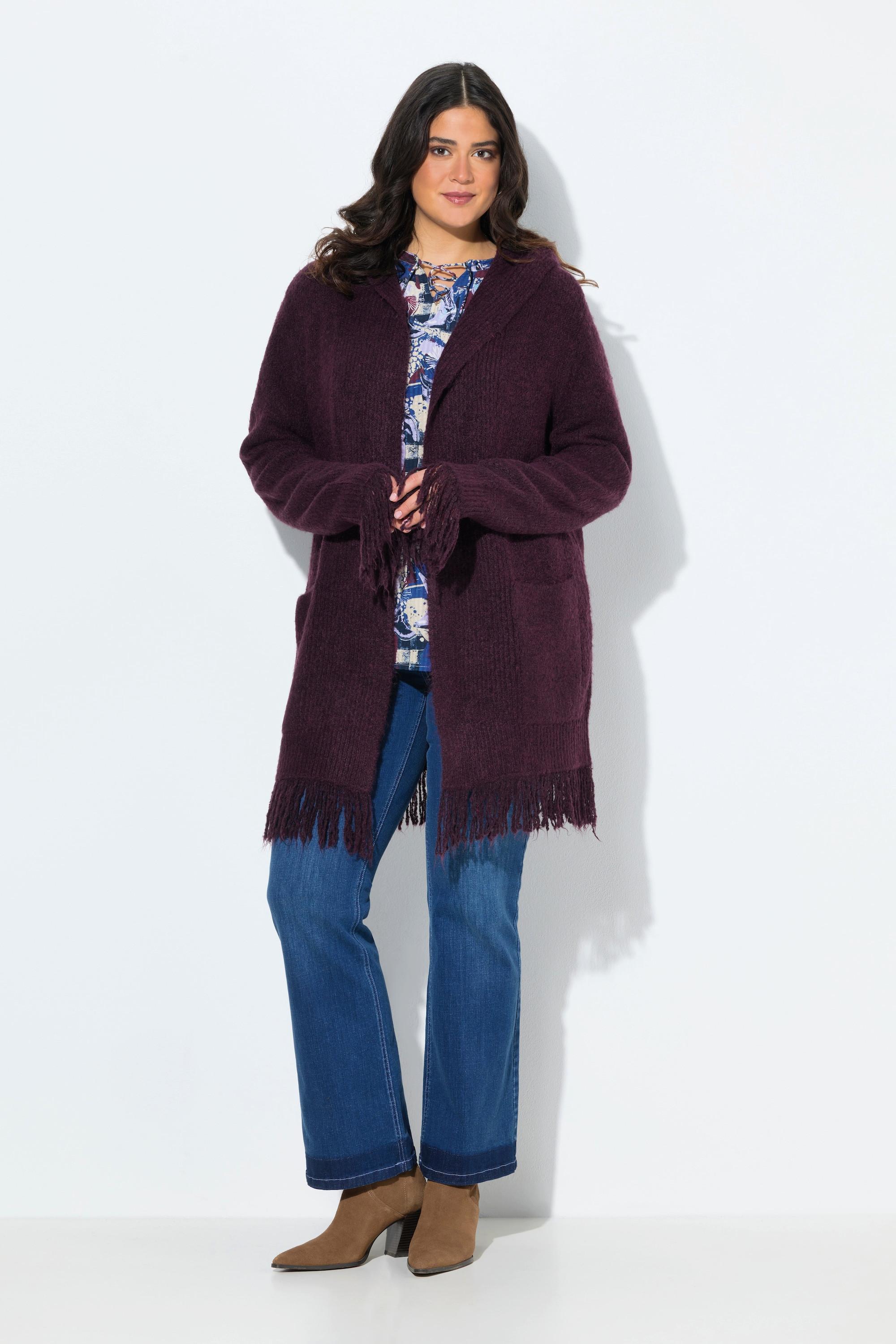 Ulla Popken Cardigan Longues Manches à Capuche et Franges  