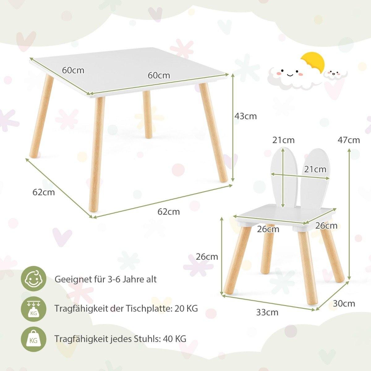 Northix  Table et 2 chaises pour enfants (ensemble 3 pièces). Ensemble de salon pour enfants avec pieds en bois massif et dossier en oreilles de lapin. 