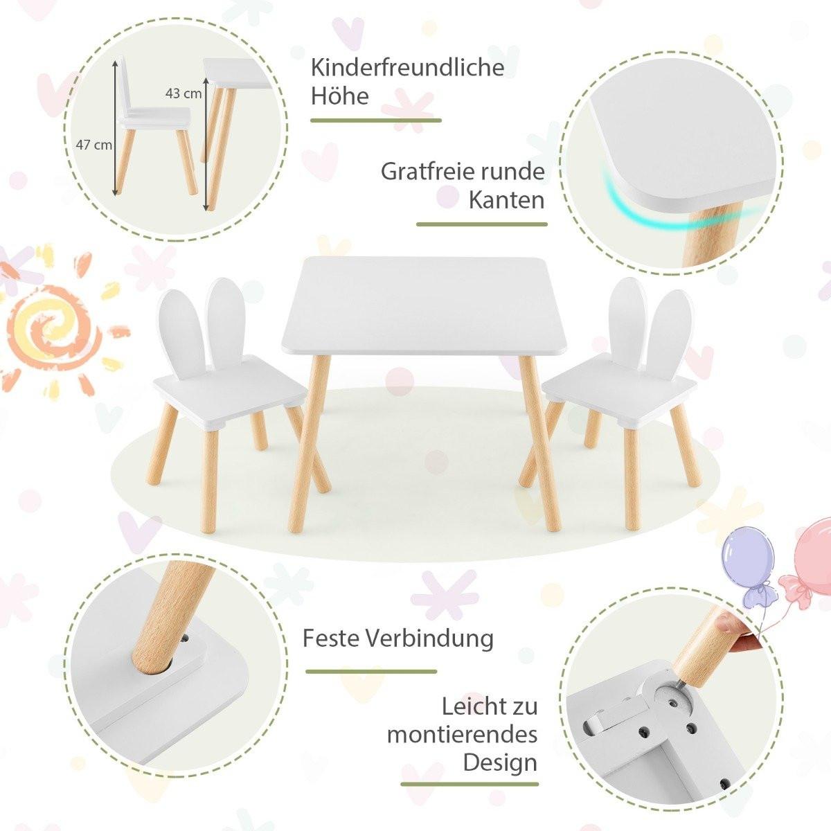 Northix  Table et 2 chaises pour enfants (ensemble 3 pièces). Ensemble de salon pour enfants avec pieds en bois massif et dossier en oreilles de lapin. 