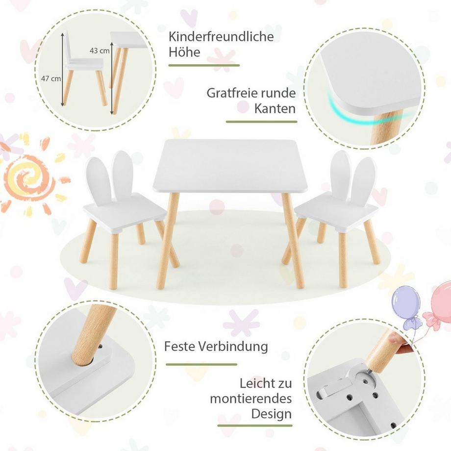 Northix  Kindertisch mit 2 Stühlen 3TLG. Kindersitzgruppe mit Massivholzbeine & Hasenohren Rückenlehne 
