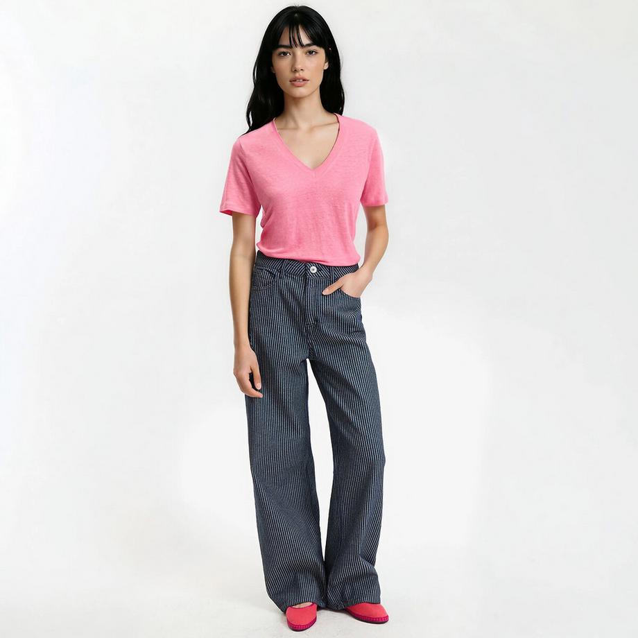 La Redoute Collections Leinen Kurzarm V-Ausschnitt T-Shirt  