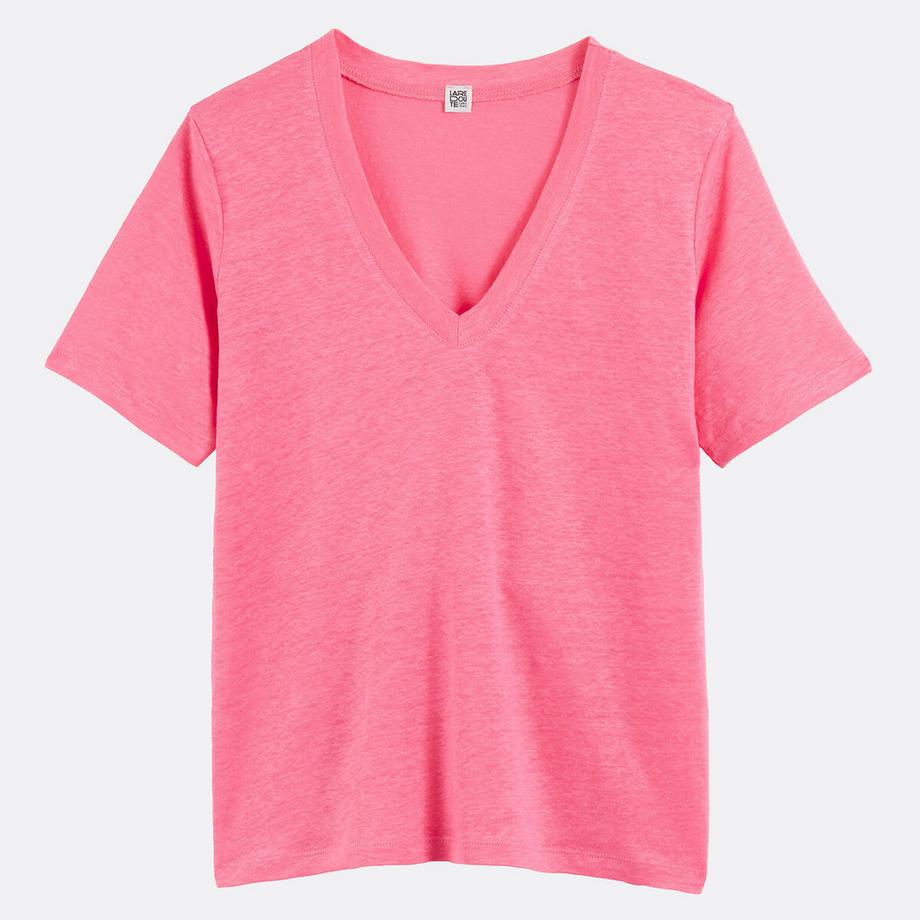 La Redoute Collections Leinen Kurzarm V-Ausschnitt T-Shirt  