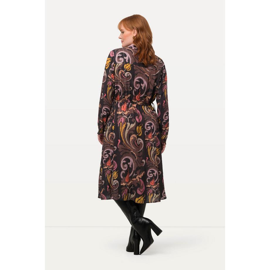 Ulla Popken Kleid Tunnelzug Stehkragen V-Ausschnitt Langarm  