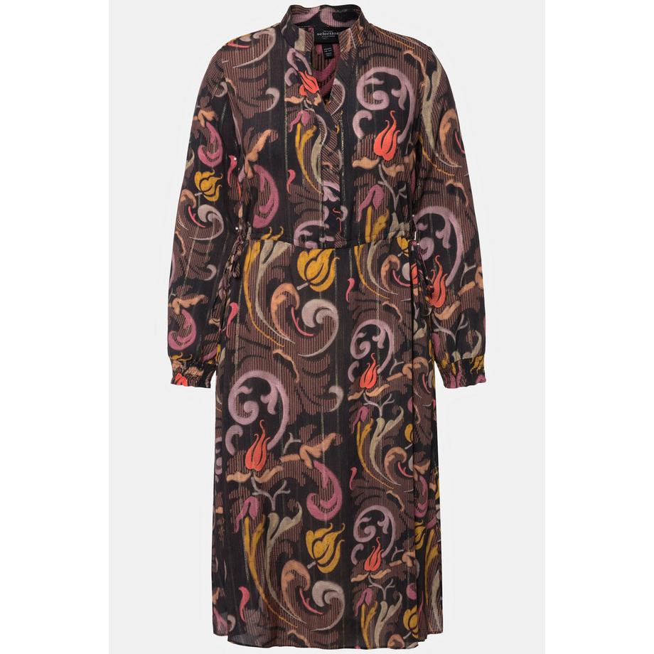 Ulla Popken Kleid Tunnelzug Stehkragen V-Ausschnitt Langarm  