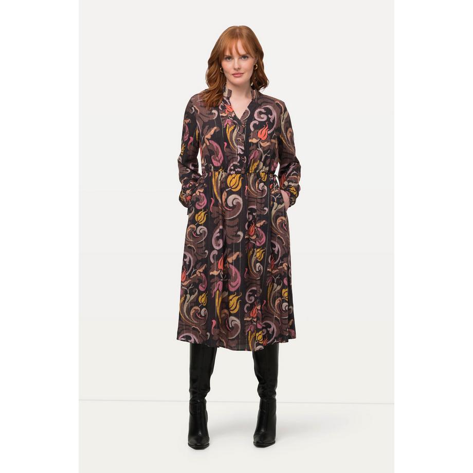 Ulla Popken Kleid Tunnelzug Stehkragen V-Ausschnitt Langarm  