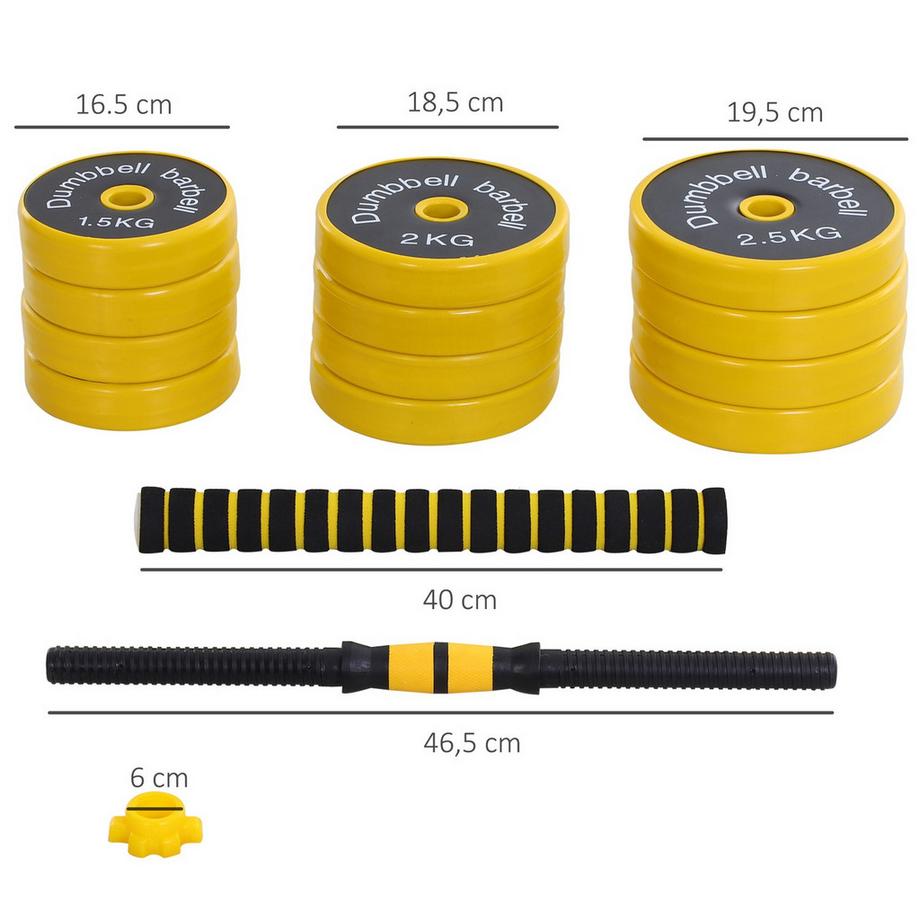 Northio  Set d'haltères 25 kg 3 en 1 réglable ergonomique avec 12 plaques 2 bâtons courts et 1 bâton long en jaune noir pour le fitness 
