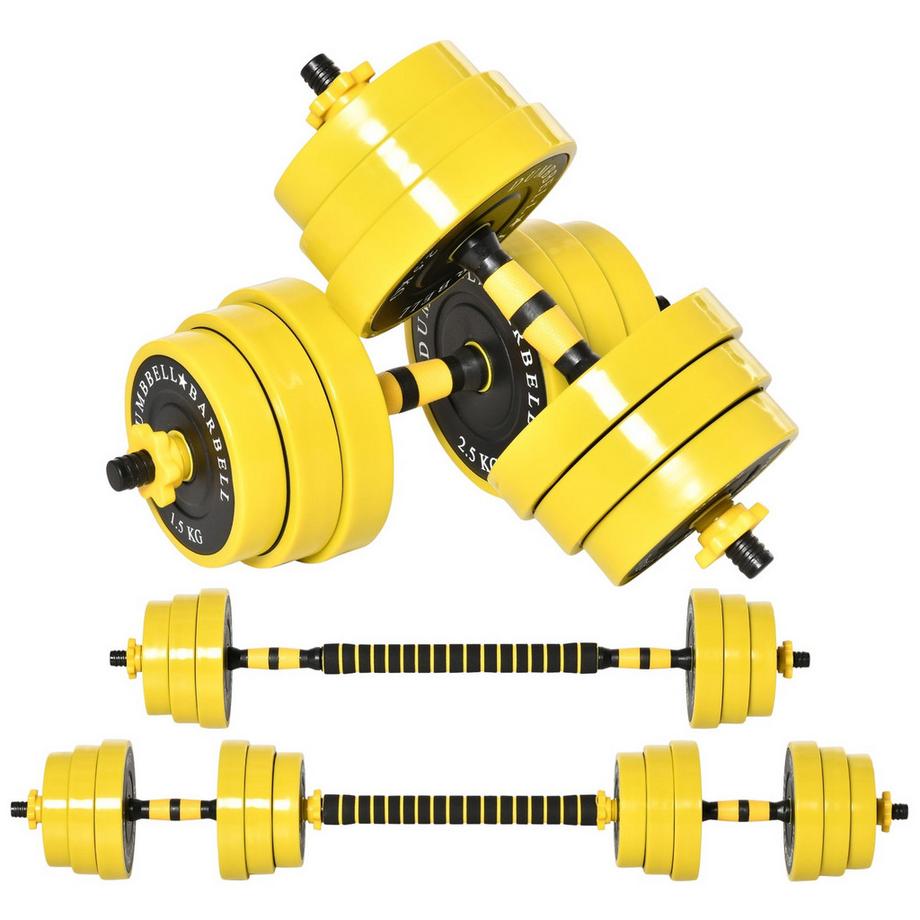 Set d'haltères 25 kg 3 en 1 réglable ergonomique avec 12 plaques 2 bâtons courts et 1 bâton long en jaune noir pour le fitness